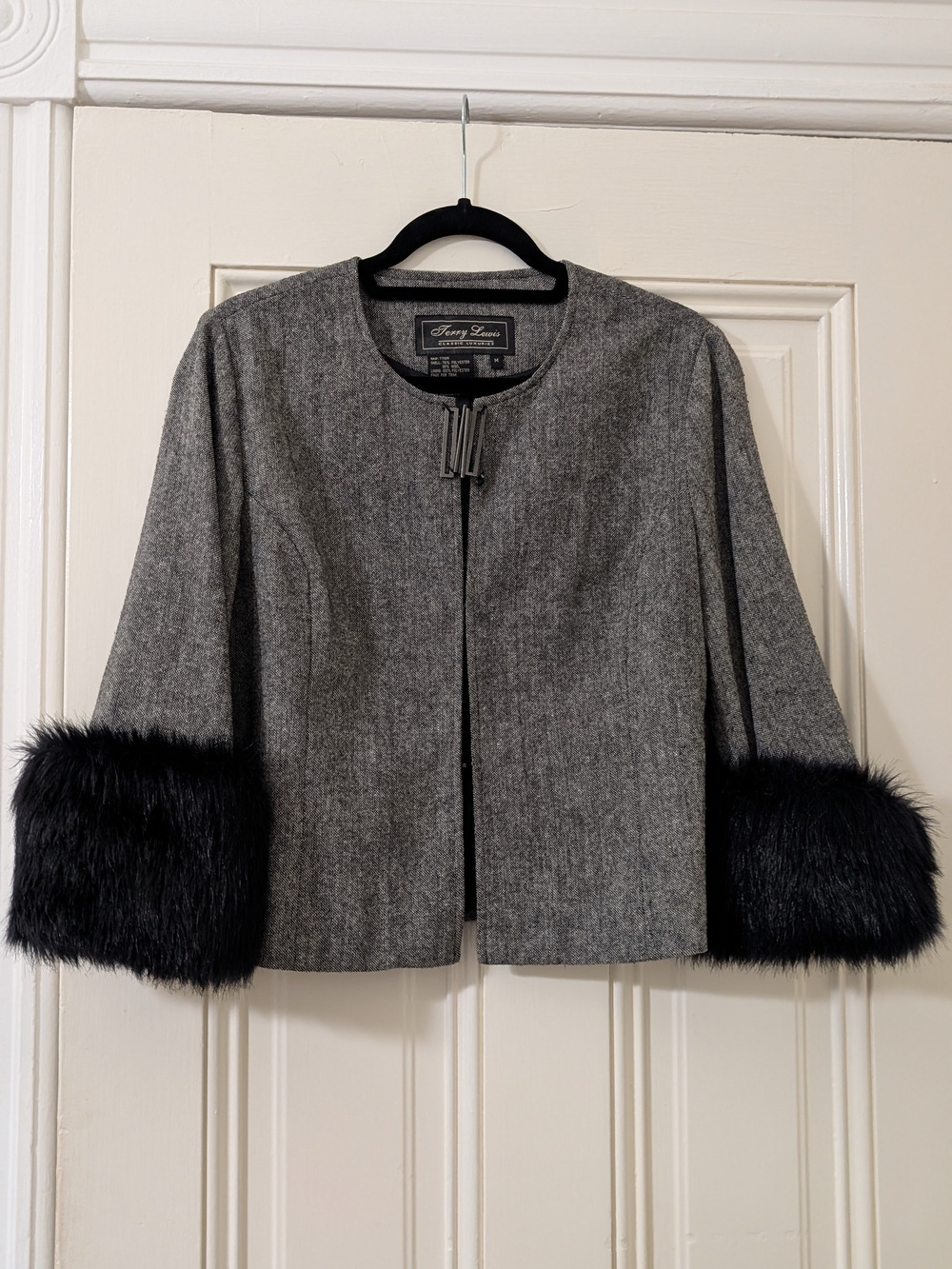 Jones New York Heather Gray Jacket with Black Faux Fur Cuffs